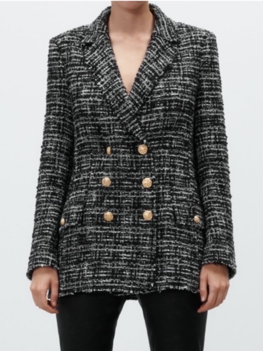 ZARA Black & White Tweed Blazer with Gold Accents